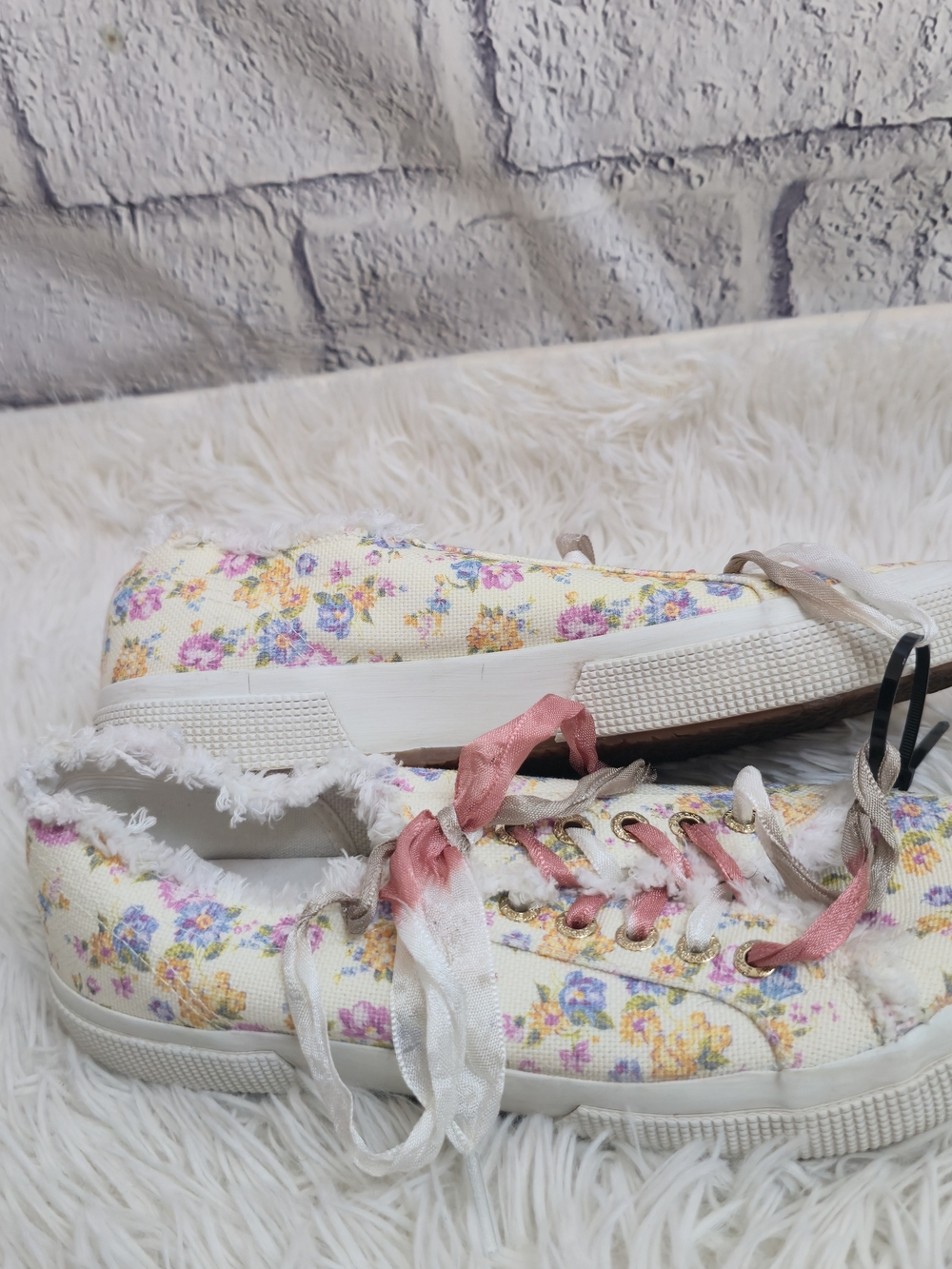 Superga X LoveShackFancy Cream Floral Coquette Canvas Fringe Sneakers - Picture 6 of 14